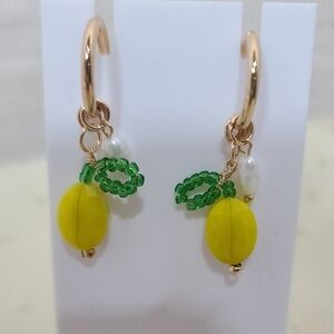 Goldtone & Yellow Lemon Beaded Green Leaf Post Hoop Earrings NWT